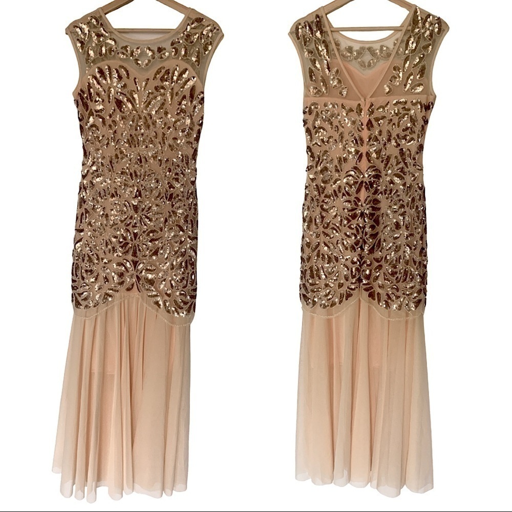 REDUCED! MARKDOWN! Sz S Peach Tulle & Bronze Sequin Formal Gown